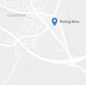 Location of the Rolling Rims Dunmow workshop shown on google maps using a blue pin