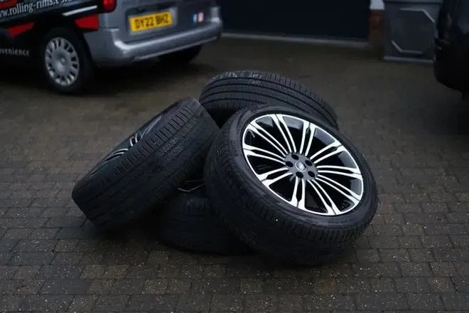 Customers alloy wheels that have been refurbished by Rolling Rims waiting to go back onto their vehicle