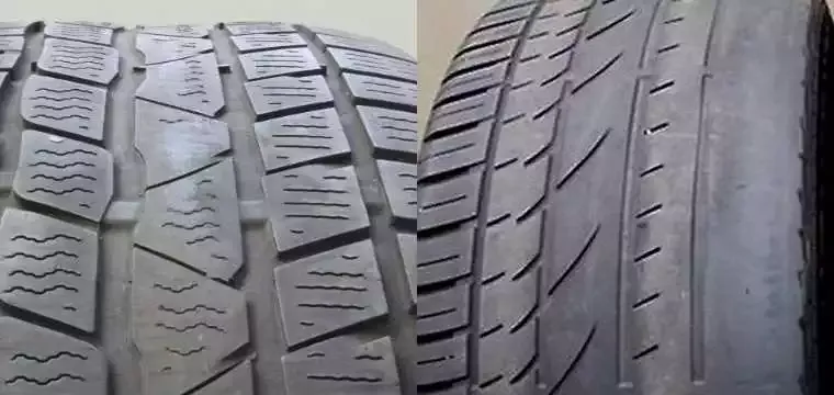 Comparison of evenly worn tyre tread and uneven wear with a smooth outer shoulder