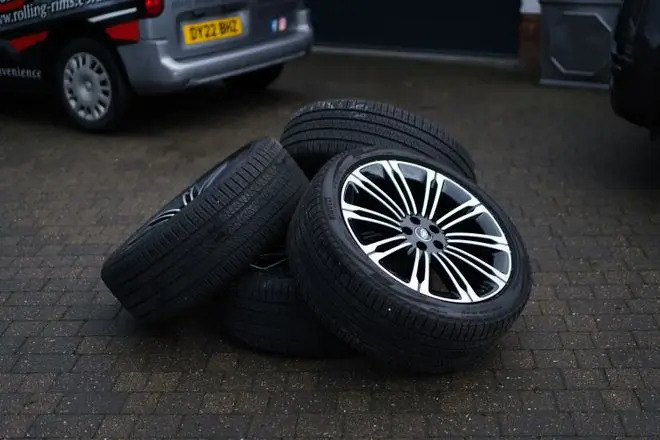 Customers alloy wheels that have been refurbished by Rolling Rims waiting to go back onto their vehicle