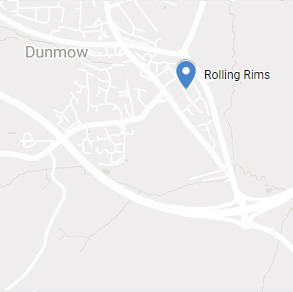 Location of the Rolling Rims Dunmow workshop shown on google maps using a blue pin